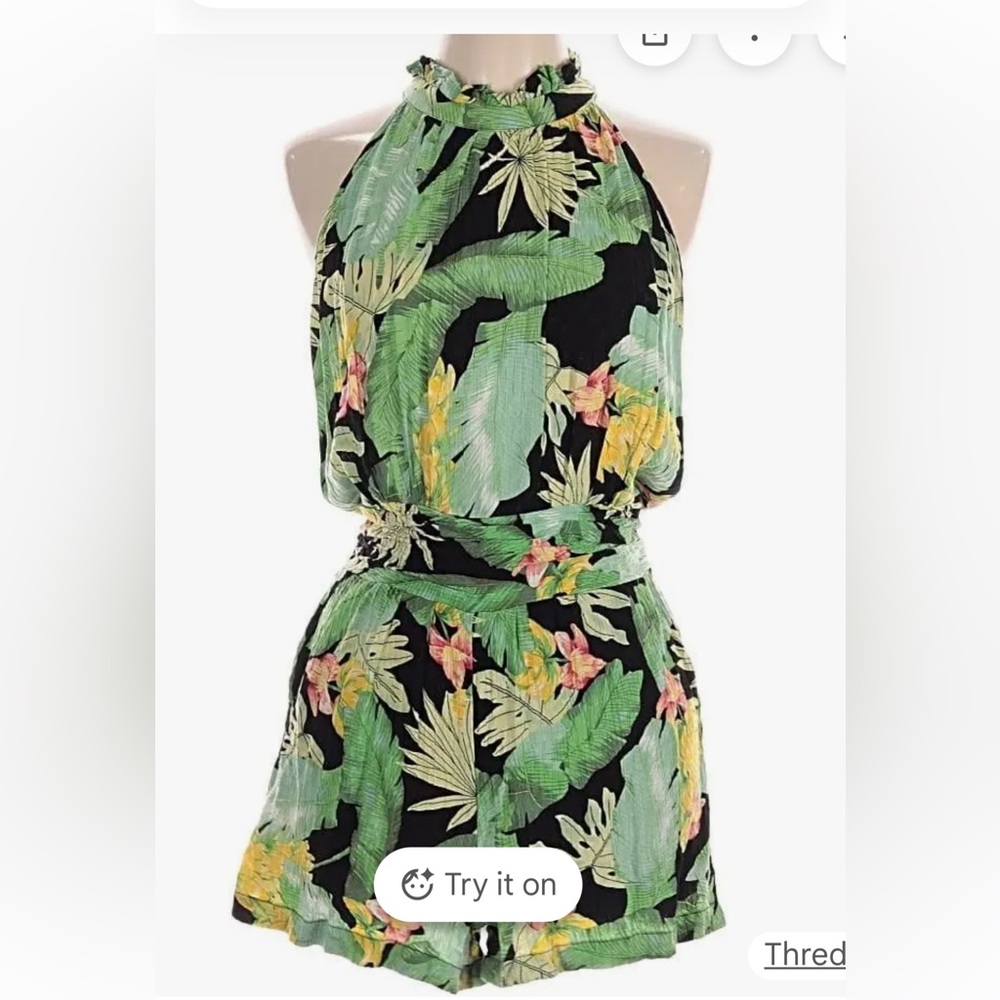 Nicole Miller Tropical Leaf Print Romper in Black and Green - Picture 12 of 12